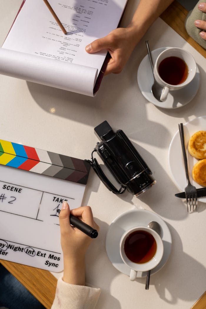 Team discusses film project with storyboard, tea, and snacks. Creative and collaborative setting.